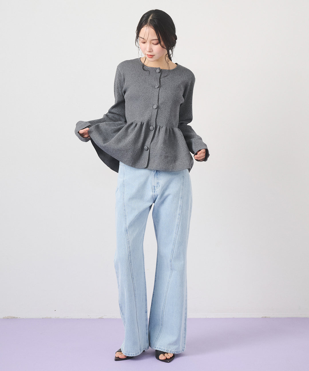 [SET]Peplum Rib Knit Top+Seam Flare Denim Pants