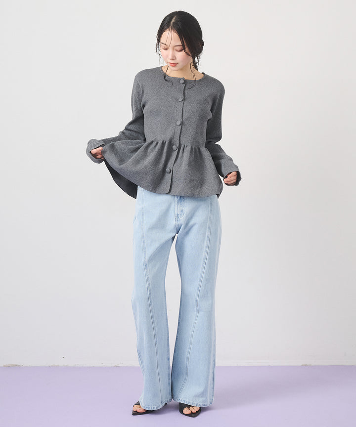 [SET]Peplum Rib Knit Top+Seam Flare Denim Pants
