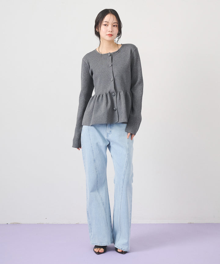 [SET]Peplum Rib Knit Top+Seam Flare Denim Pants