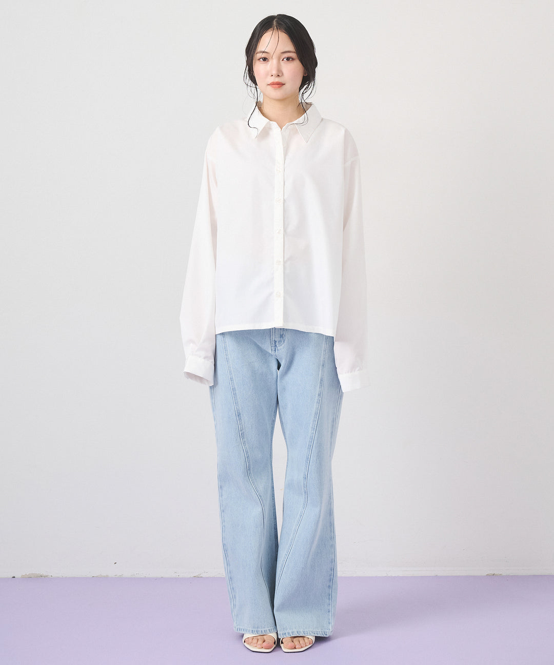 [SET]Big Bow Tie Blouse+Seam Flare Denim Pants