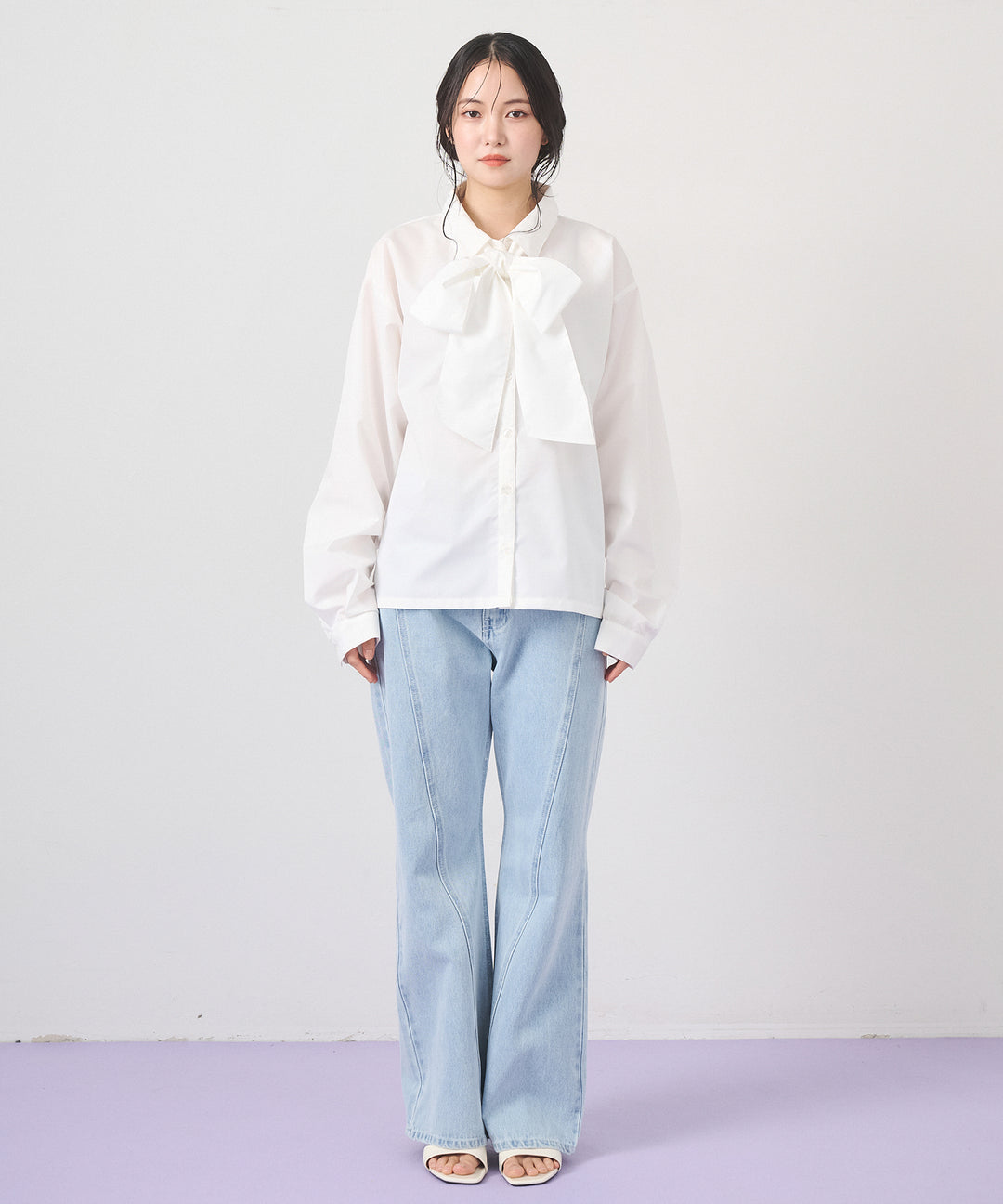[SET]Big Bow Tie Blouse+Seam Flare Denim Pants