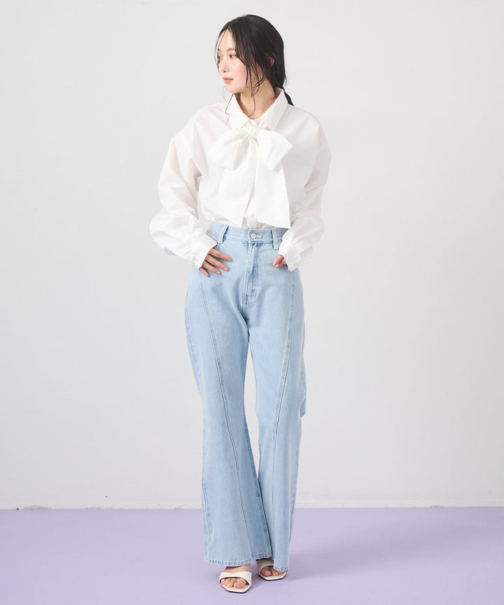 [SET]Big Bow Tie Blouse+Seam Flare Denim Pants
