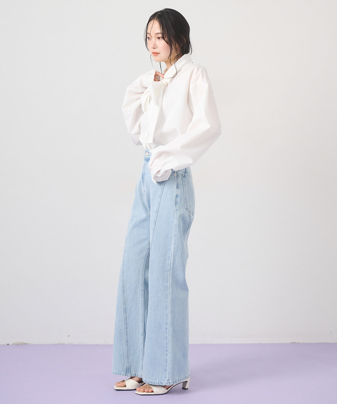 [SET]Big Bow Tie Blouse+Seam Flare Denim Pants