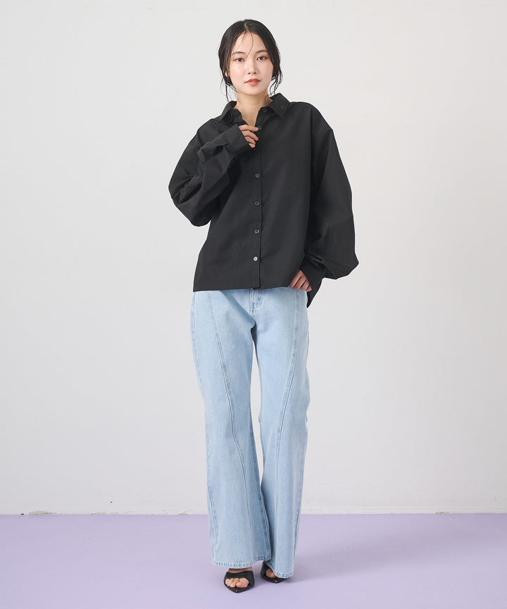 [SET]Big Bow Tie Blouse+Seam Flare Denim Pants