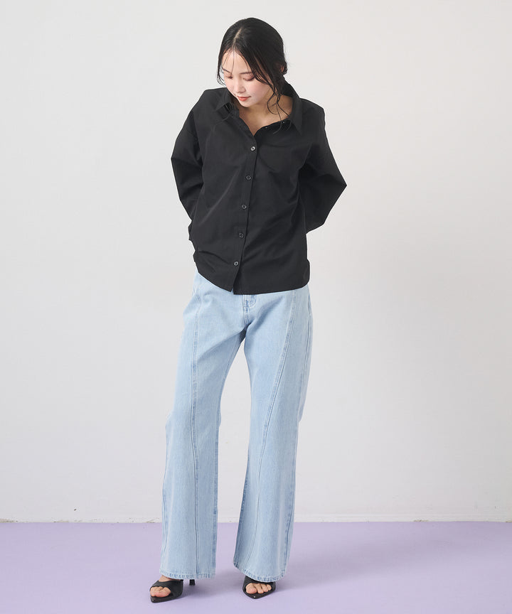 [SET]Big Bow Tie Blouse+Seam Flare Denim Pants