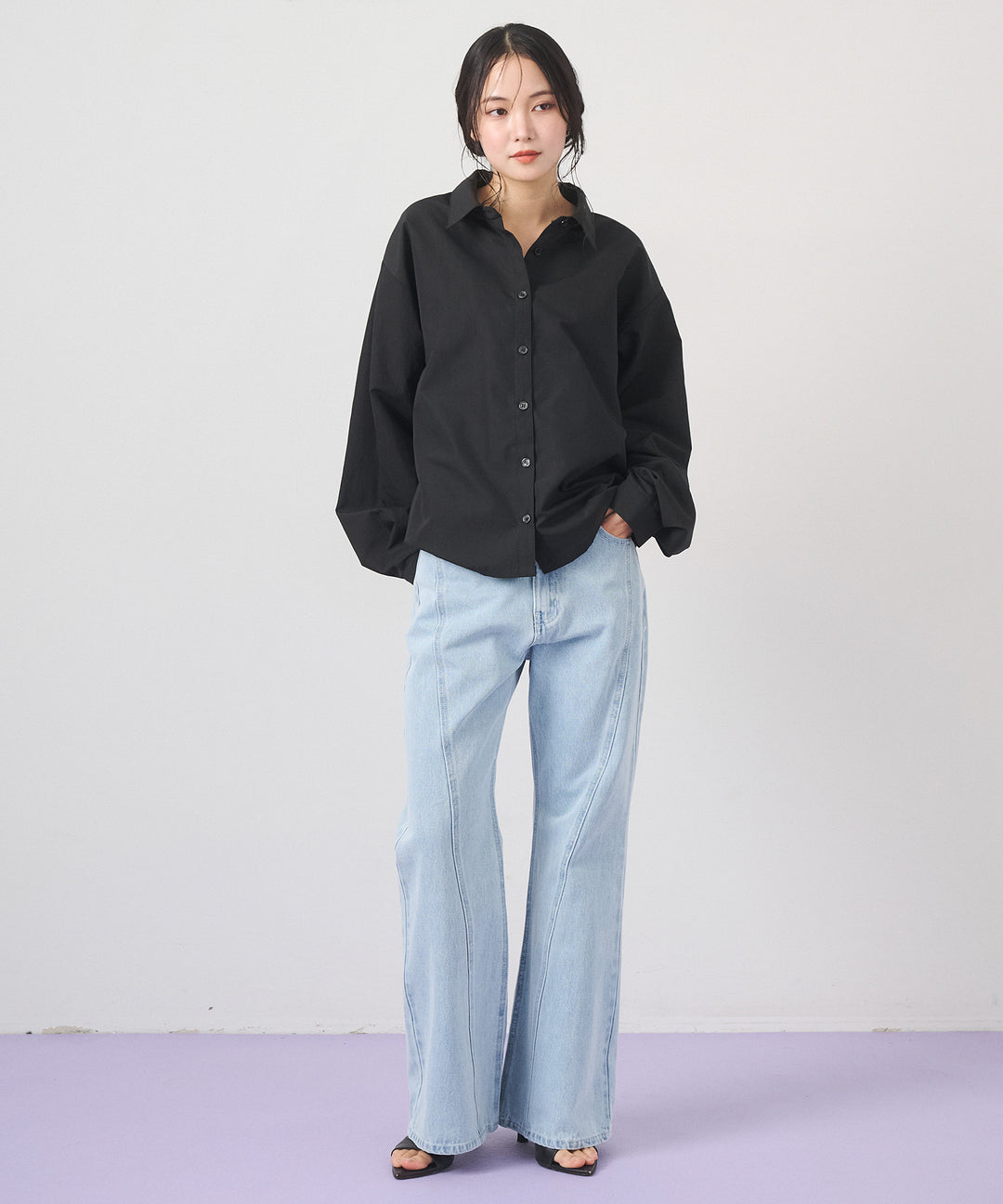 [SET]Big Bow Tie Blouse+Seam Flare Denim Pants