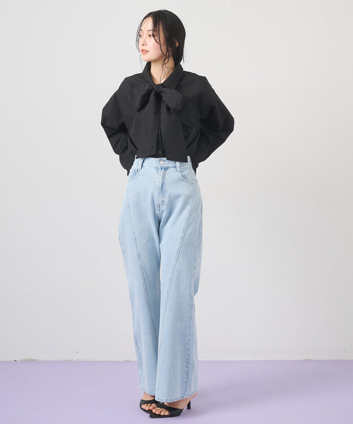 [SET]Big Bow Tie Blouse+Seam Flare Denim Pants