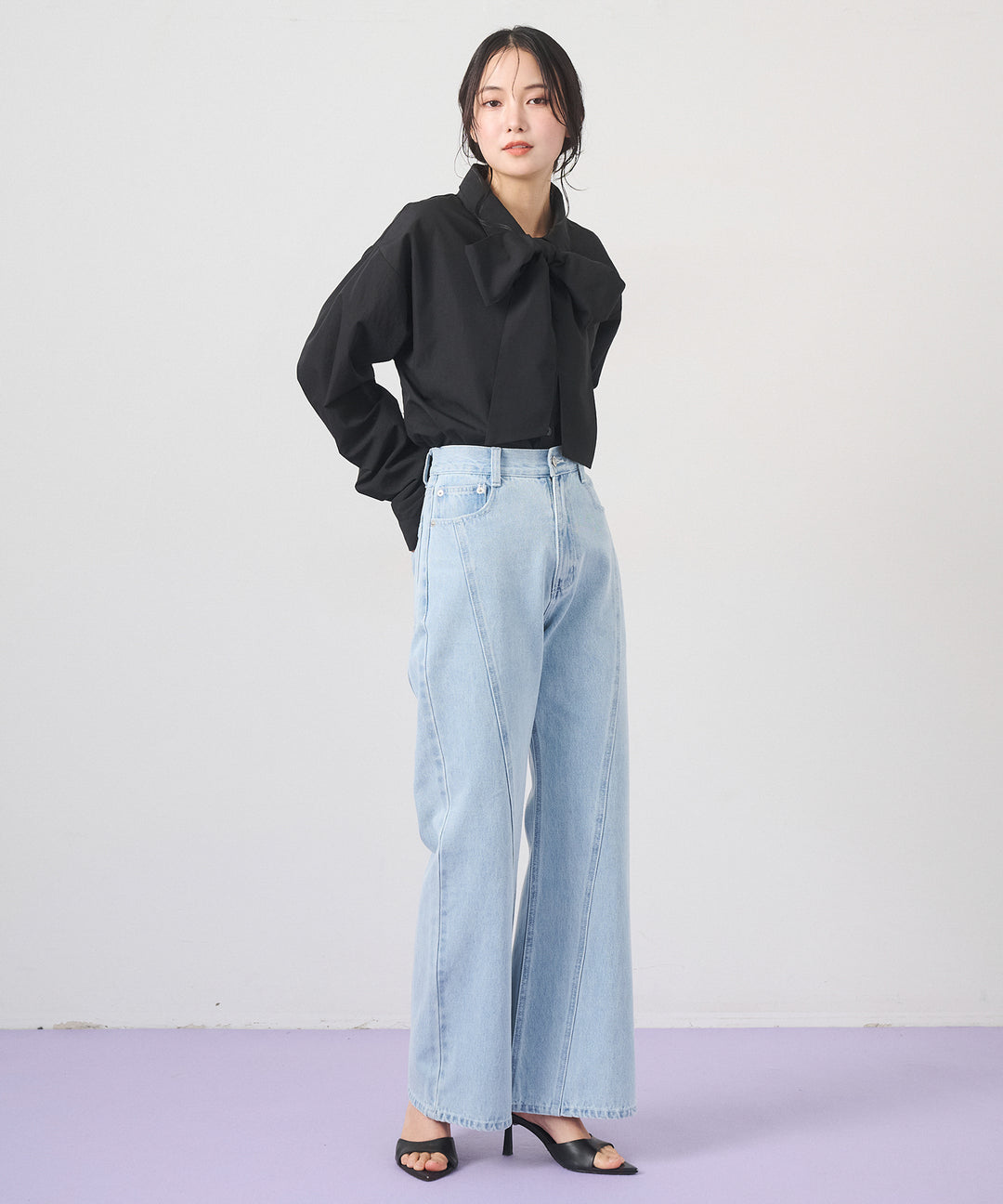 [SET]Big Bow Tie Blouse+Seam Flare Denim Pants