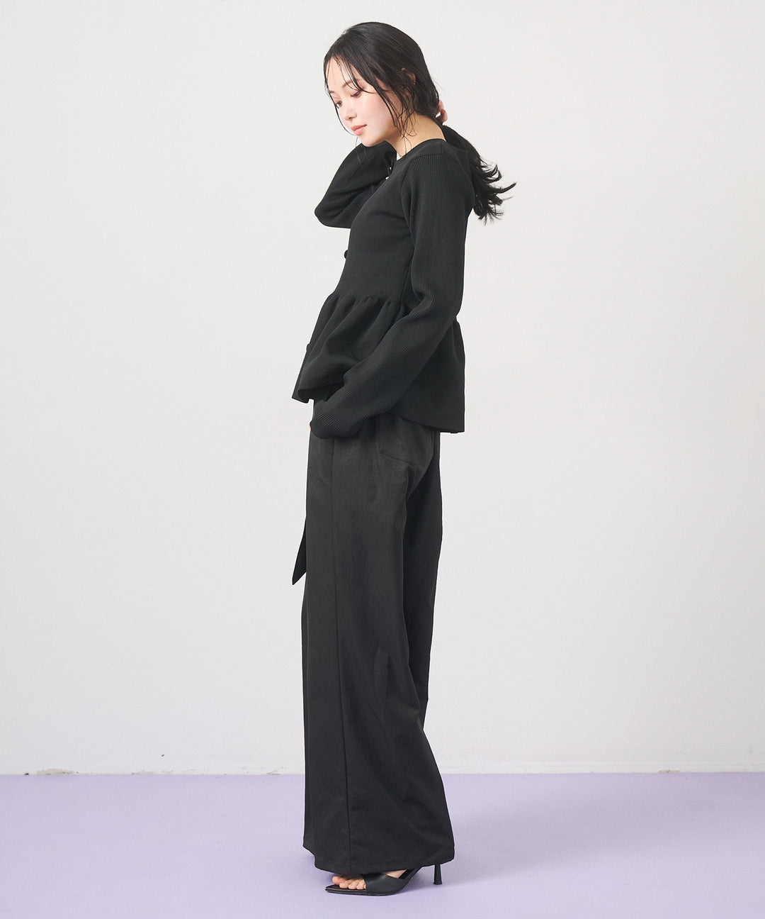[SET]Peplum Rib Knit Top+Ring Belt Wide Pants