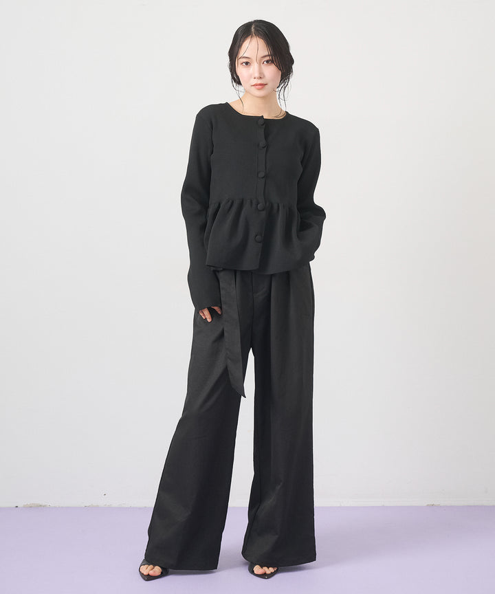 [SET]Peplum Rib Knit Top+Ring Belt Wide Pants