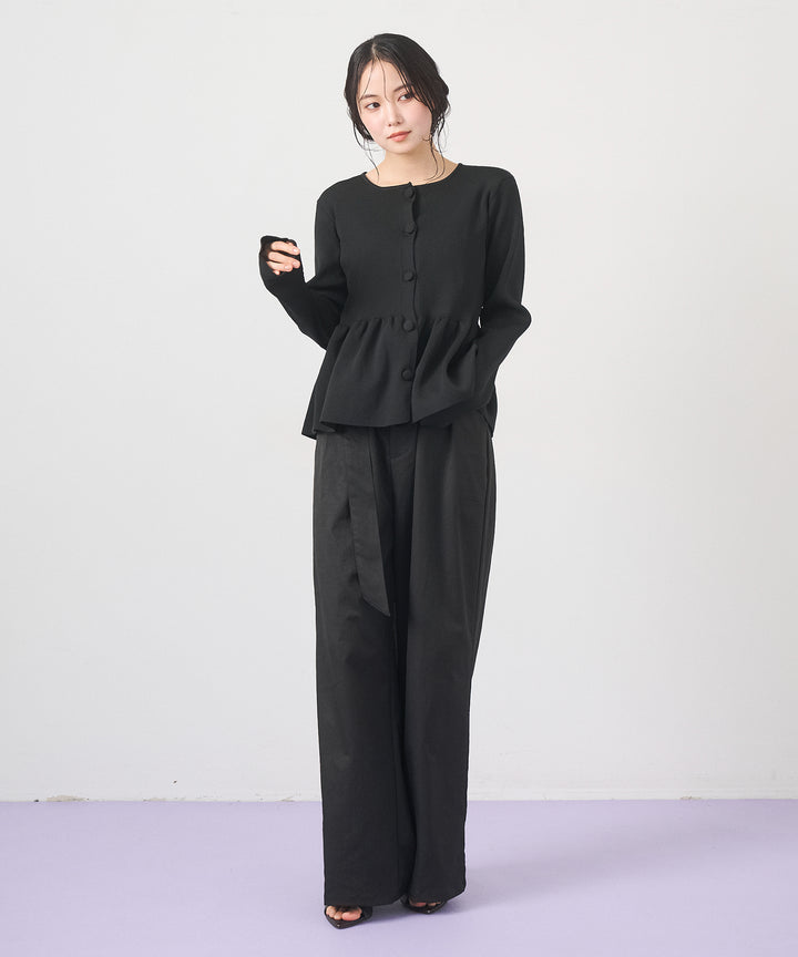 [SET]Peplum Rib Knit Top+Ring Belt Wide Pants