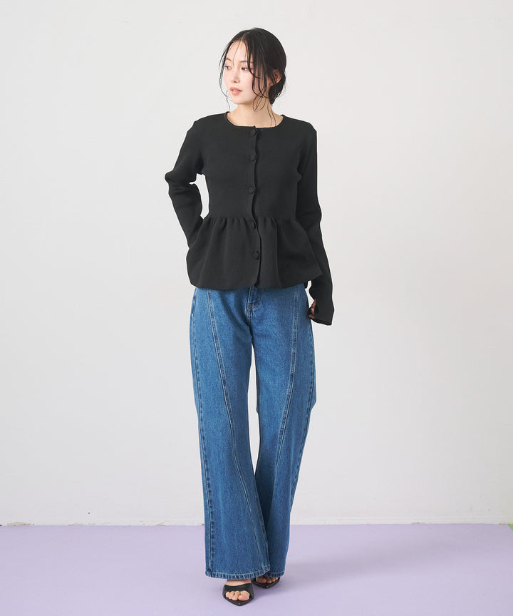 [SET]Peplum Rib Knit Top+Seam Flare Denim Pants