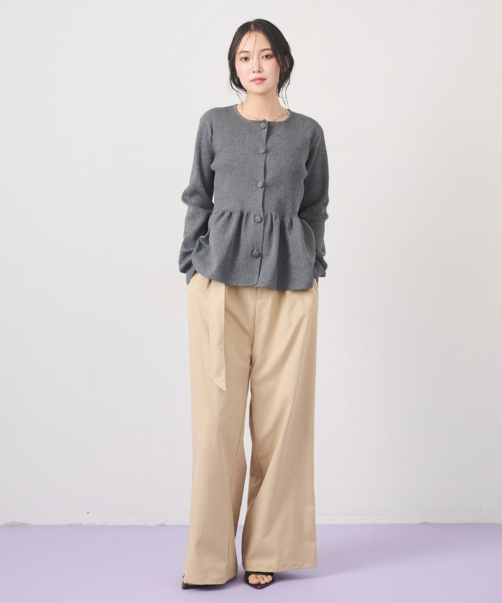 [SET]Peplum Rib Knit Top+Ring Belt Wide Pants