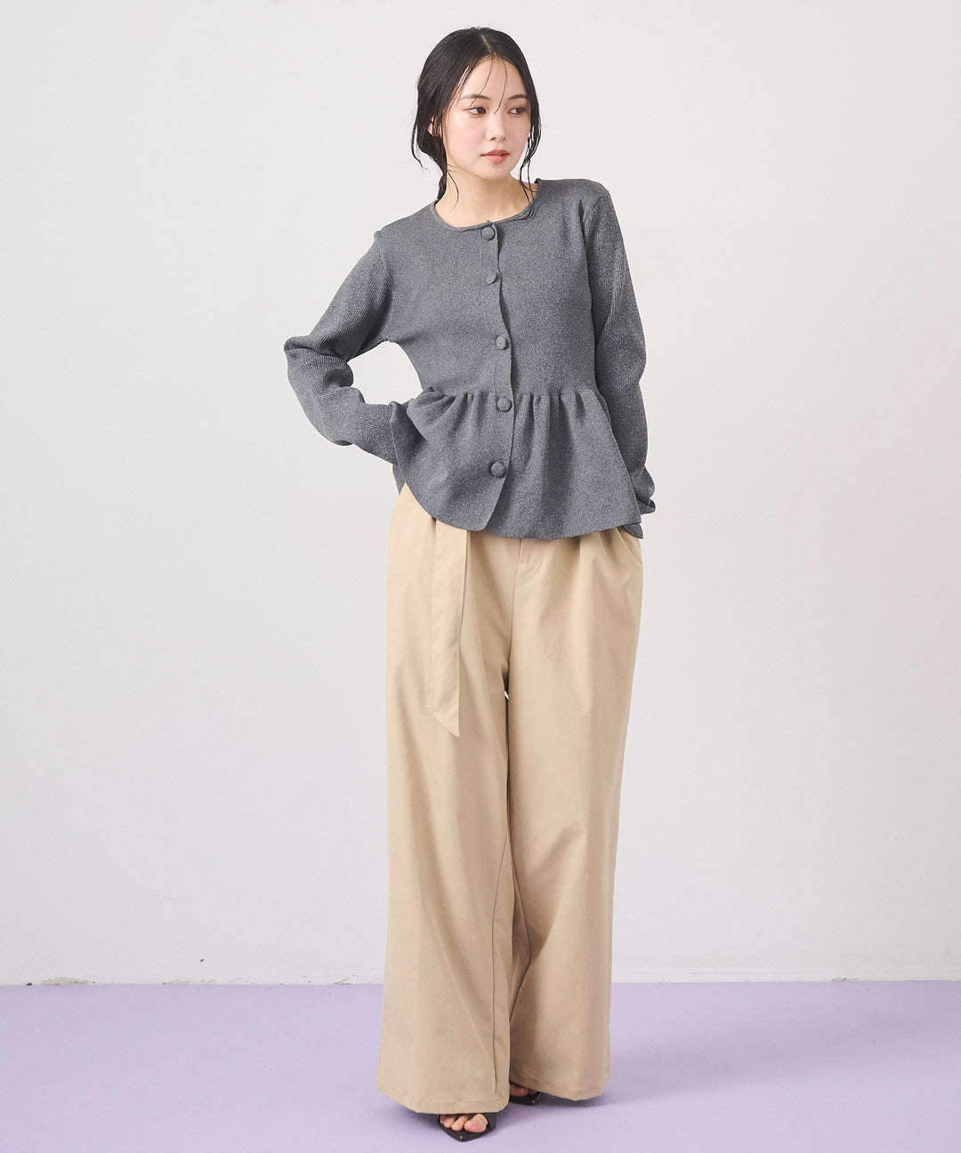 [SET]Peplum Rib Knit Top+Ring Belt Wide Pants