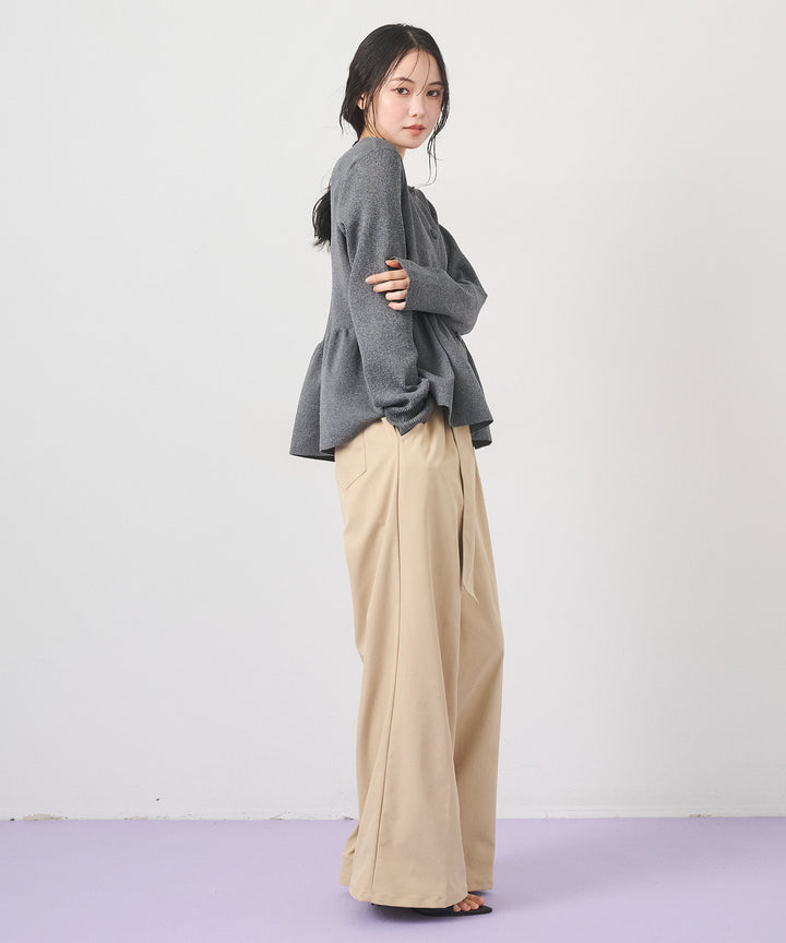 [SET]Peplum Rib Knit Top+Ring Belt Wide Pants