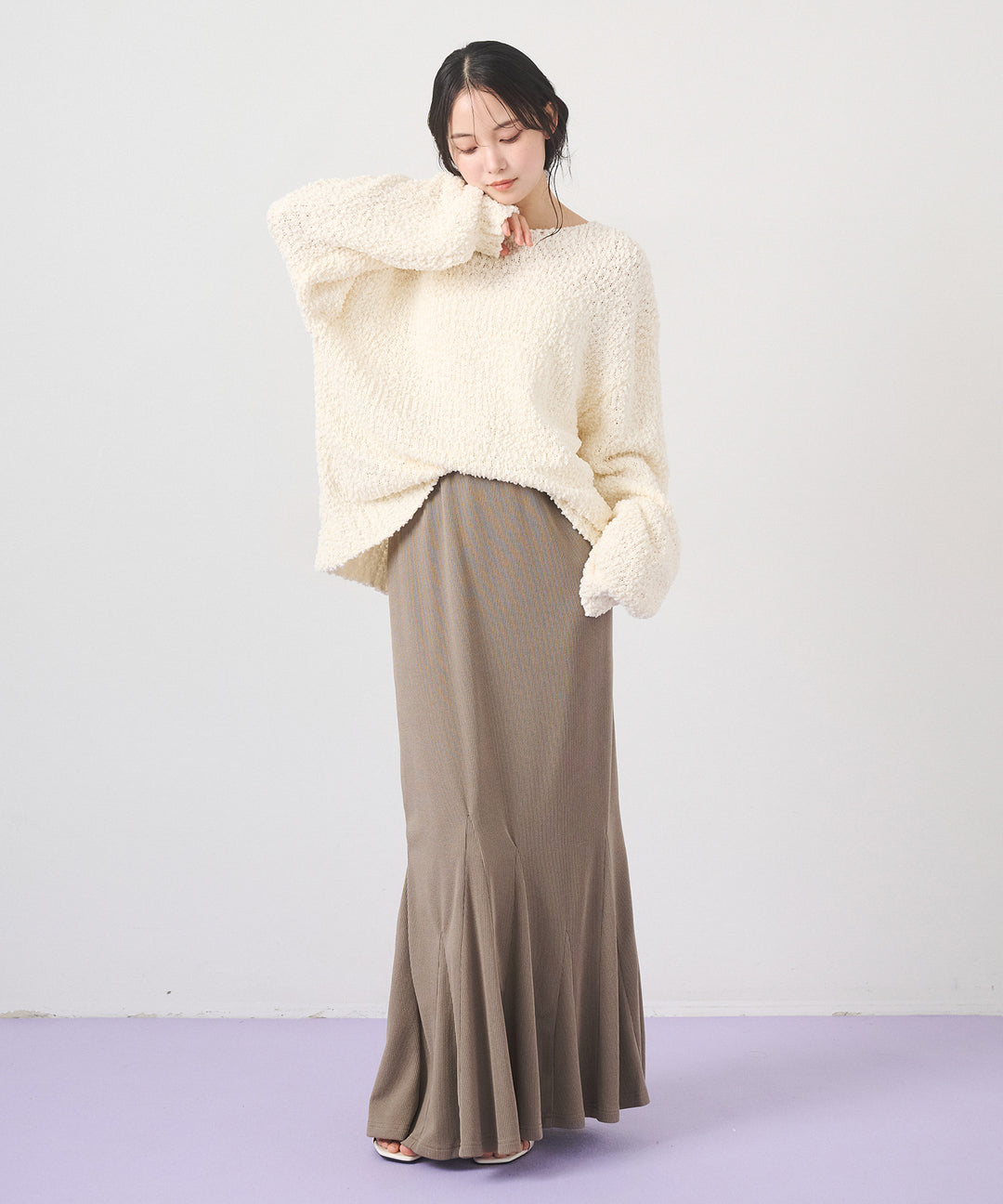 [SET]Airy Popcorn Knit Tops+Ribbed Mermaid Skirt(2set)