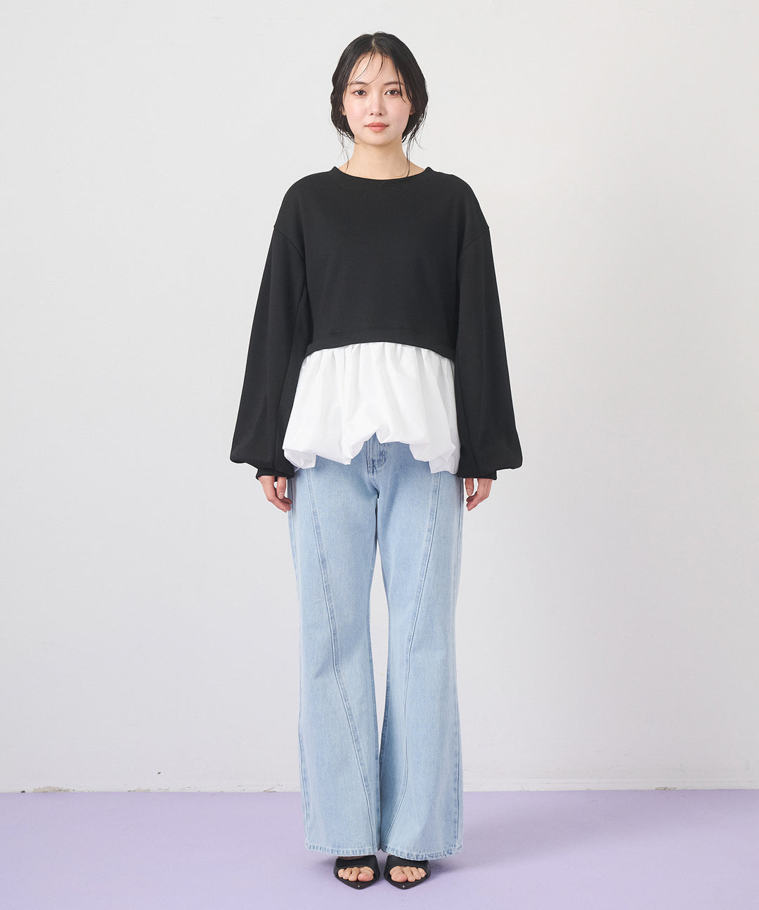 [2SET]Layered Balloon PO+Seam Flare Denim Pants