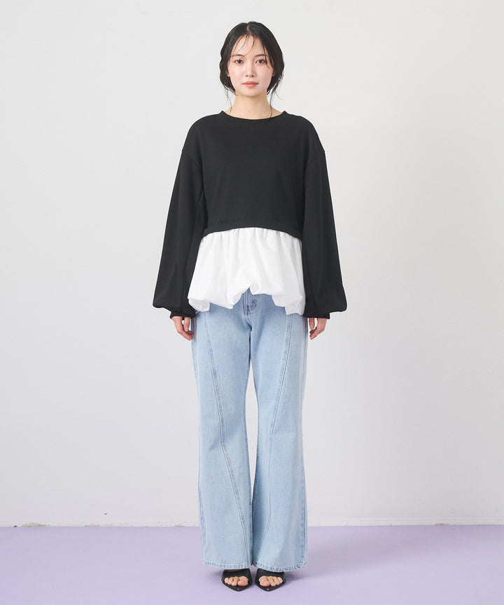 [2SET]Layered Balloon PO+Seam Flare Denim Pants