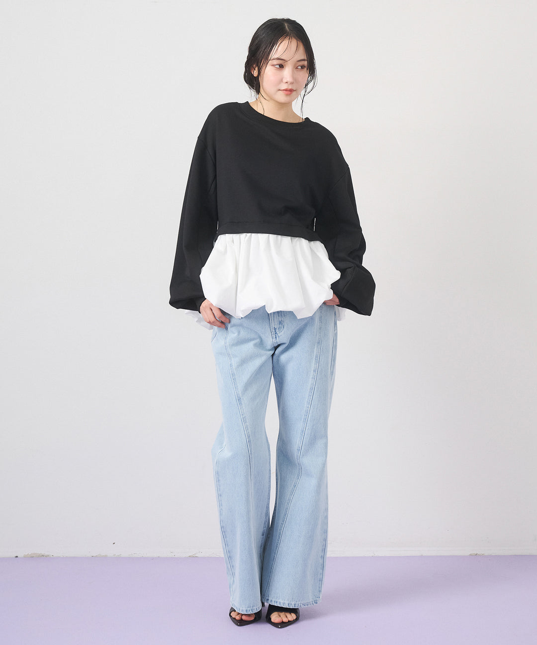 [2SET]Layered Balloon PO+Seam Flare Denim Pants