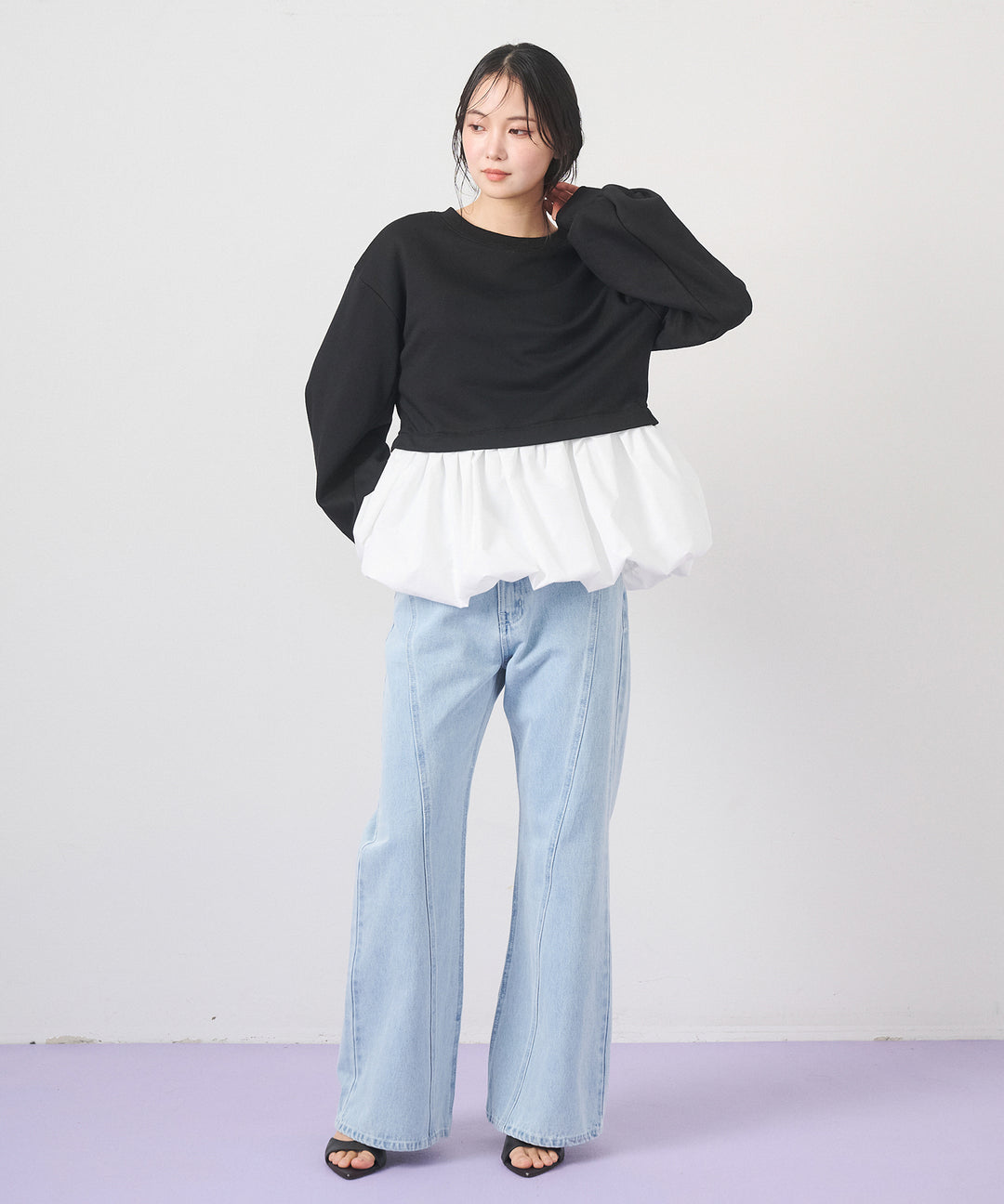 [2SET]Layered Balloon PO+Seam Flare Denim Pants