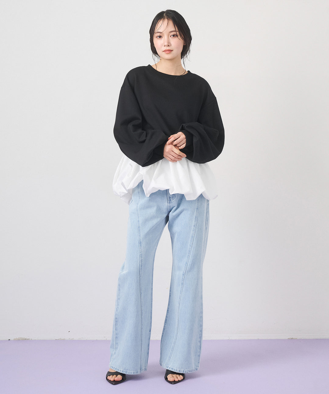 [2SET]Layered Balloon PO+Seam Flare Denim Pants