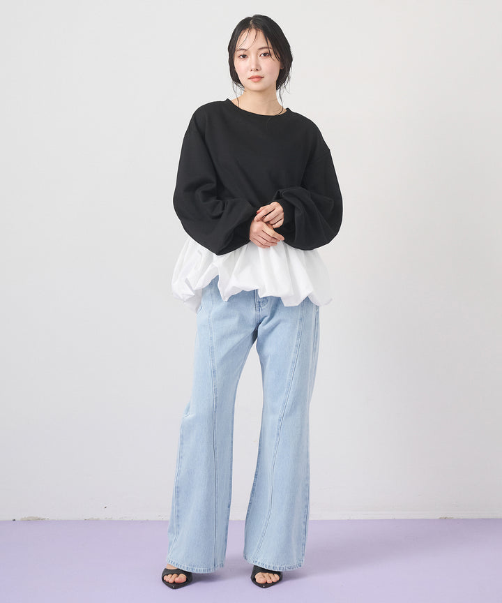 [2SET]Layered Balloon PO+Seam Flare Denim Pants