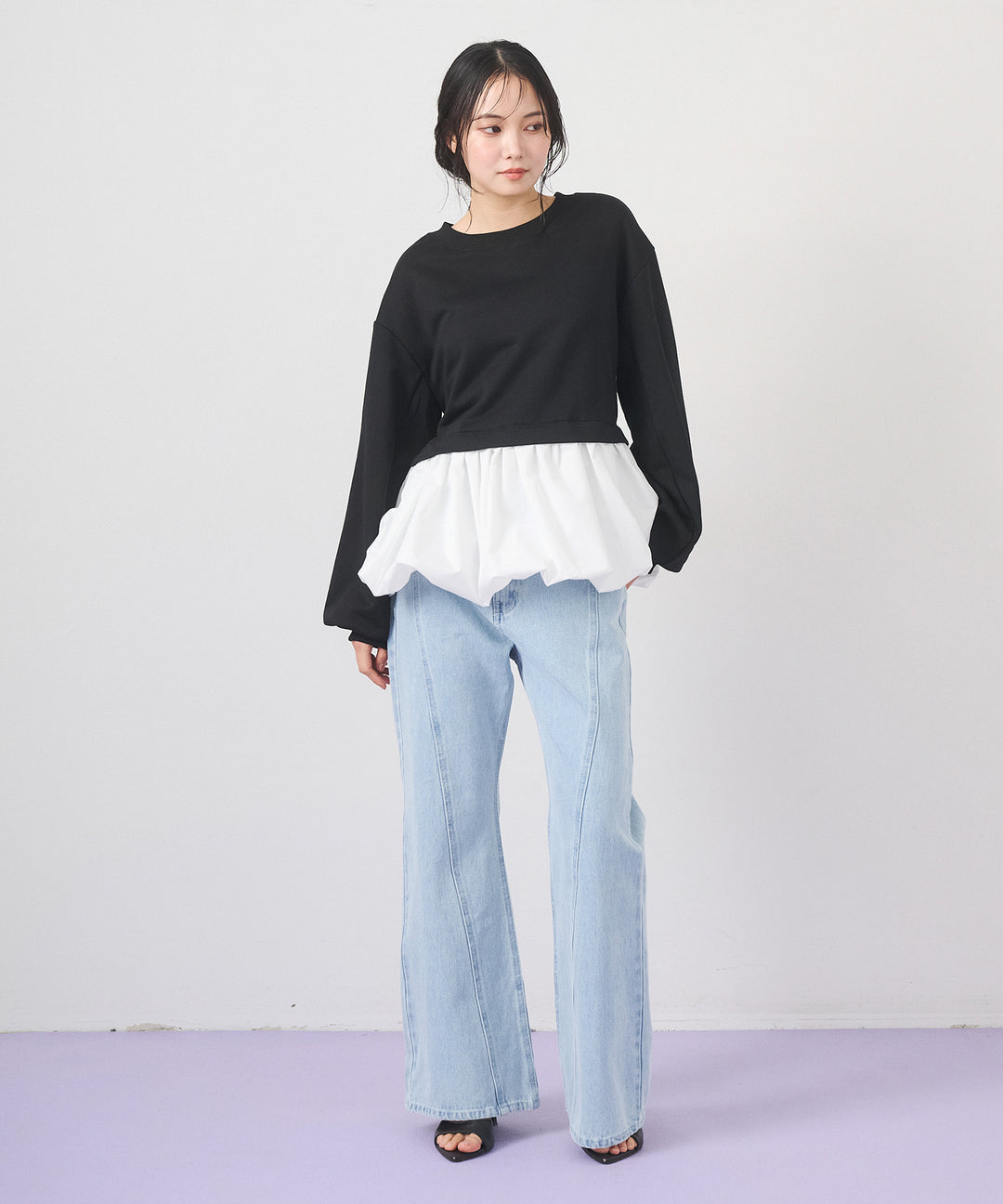 [2SET]Layered Balloon PO+Seam Flare Denim Pants