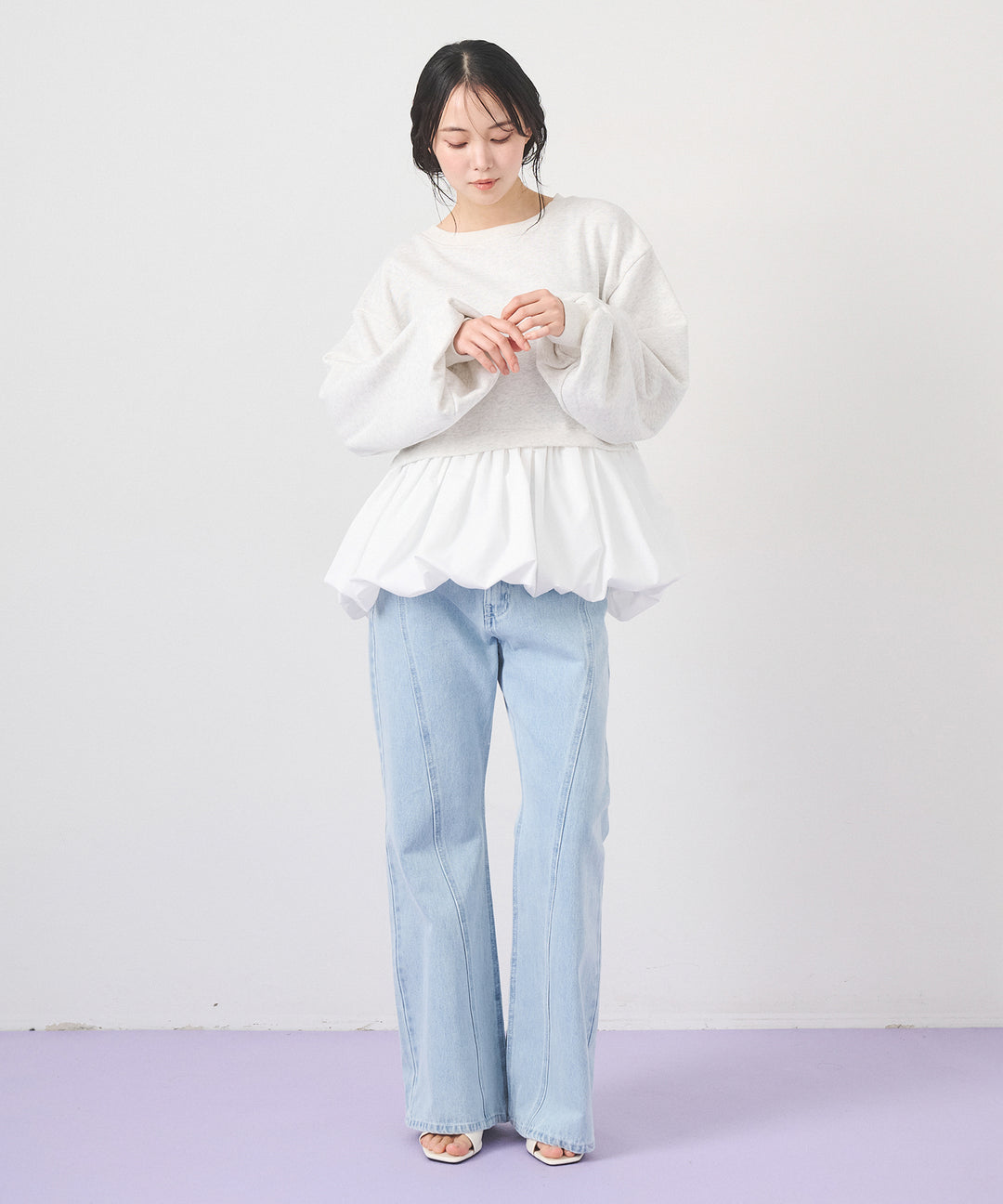[2SET]Layered Balloon PO+Seam Flare Denim Pants