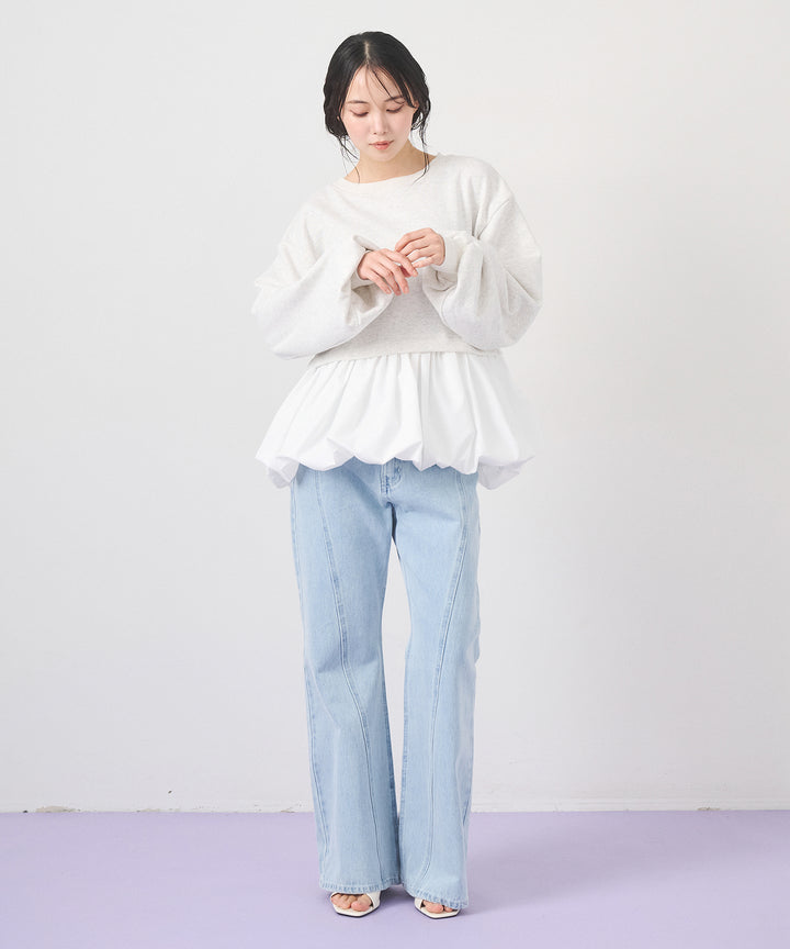[2SET]Layered Balloon PO+Seam Flare Denim Pants
