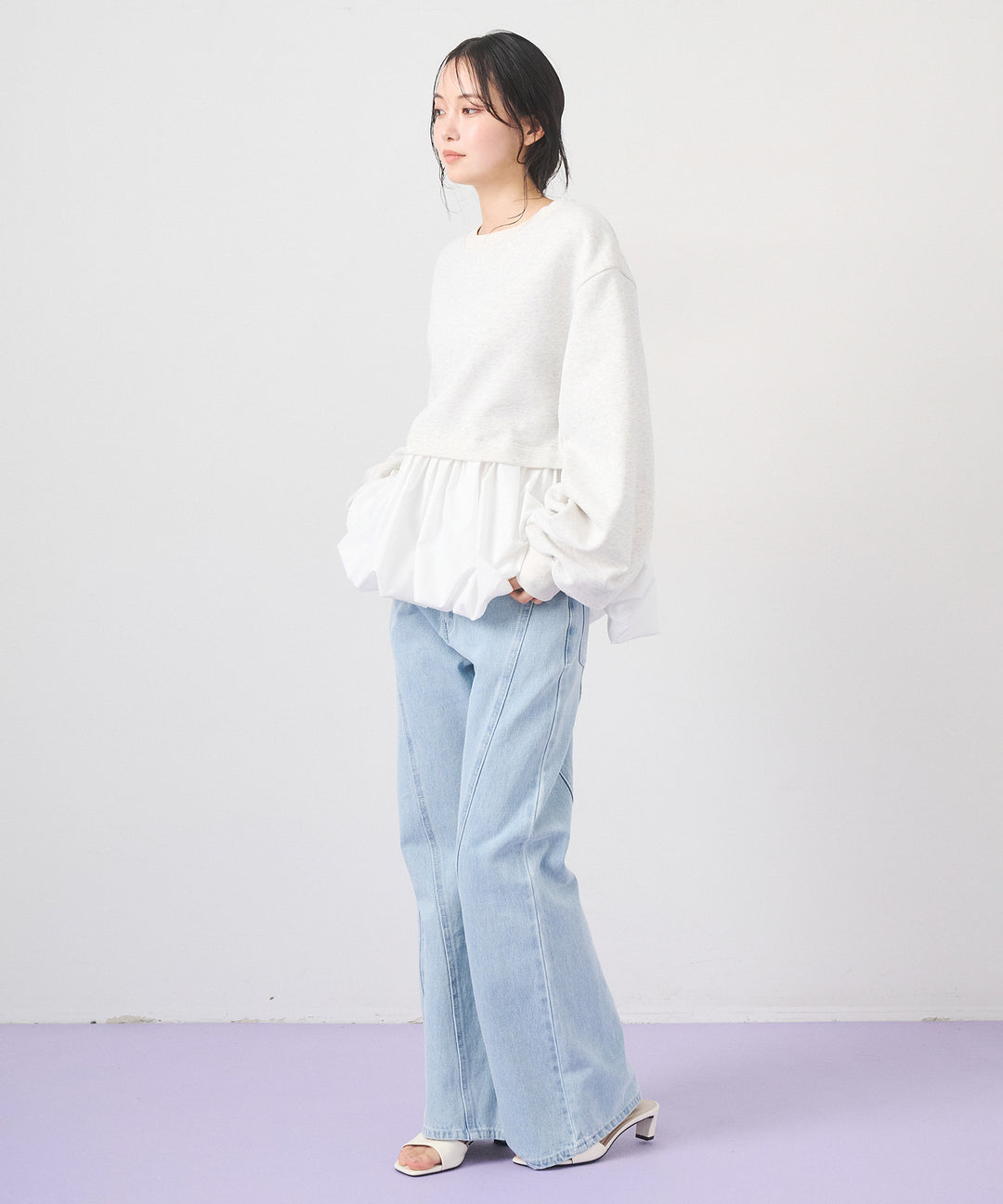 [2SET]Layered Balloon PO+Seam Flare Denim Pants